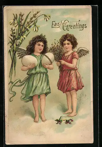 AK Osterengel mit Eiern und Kätzchenzweigen, Ostergruss