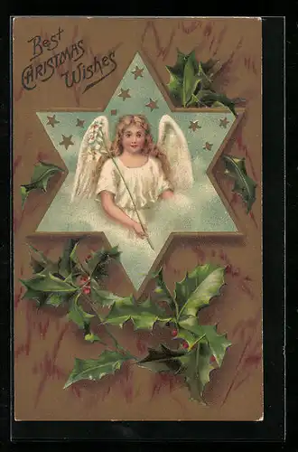AK Weihnachtsengel mit Stechpalmenzweigen