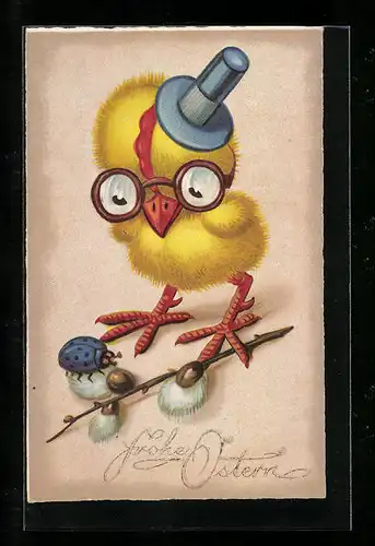 AK Osterküken mit Hut und Palmkätzchenzweigen