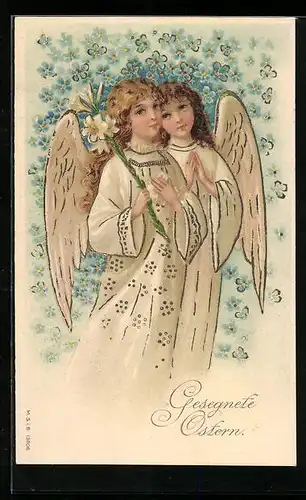AK Osterengel mit Lilien und Vergissmeinnicht