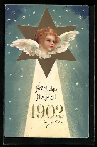 AK Neujahrsengel-Kopf in einem Stern der die Jahreszahl 1902 anstrahlt