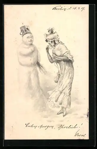 AK Junge Frau steht vor einem Schneemann
