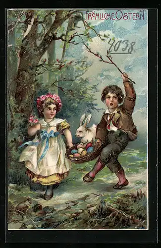 AK Kinder marschieren mit Osterhase und Osterkorb durch den Wald