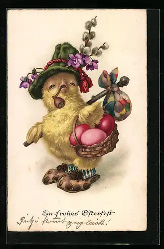 AK Osterküken mit Pfeife und Hut, Korb mit Ostereiern