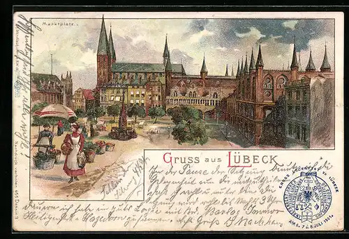Lithographie Lübeck, Marktplatz mit Ständen