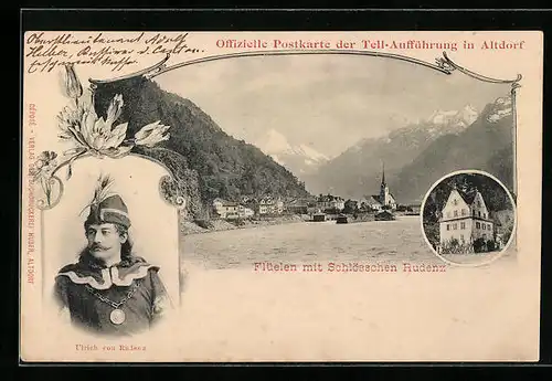 AK Flüelen, Ortsansicht mit Schlösschen Rudenz, Ulrich von Rudenz