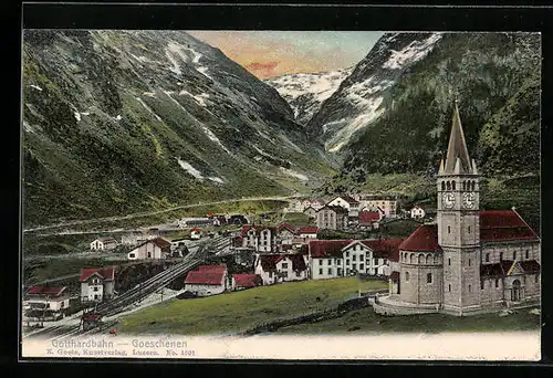 AK Goeschenen, Ortsansicht mit Kirche und Gotthardbahn