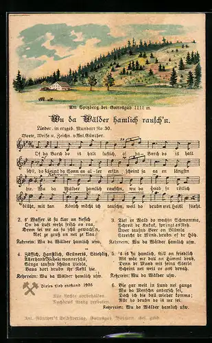 Lied-AK Anton Günther Nr. 30: Lieder in erzgeb. Mundart, Wu da Wälder hamlich rausch`n, am Spitzberg bei Gottesgab