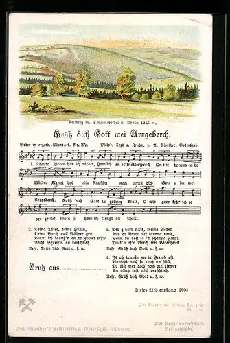 Lied-AK Anton Günther Nr. 24: Lieder in erzgeb. Mundart, Grüss dich Gott mei Arzgeberch, Keilberg m. Sonnenwirbel