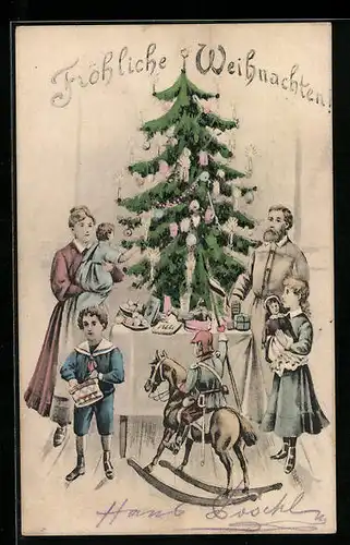 AK Familie am Weihnachtsbaum mit Geschenken, Schaukelpferd, Puppe