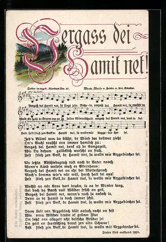 Lied-AK Anton Günther Nr. 47: Lieder in erzgeb. Mundart, Vergass dei Hamit net!