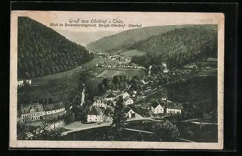 AK Ohrdruf i. Thür., Blick in den Schwarzwaldgrund mit Strasse Ohrdruf-Oberhof