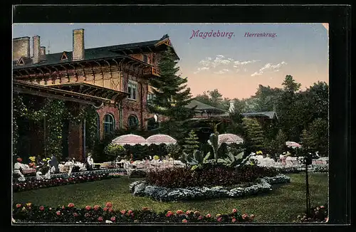 AK Magdeburg, Gasthaus Herrenkrug mit Garten