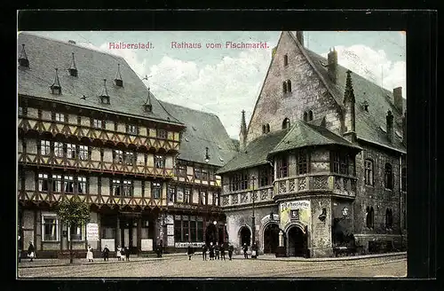 AK Halberstadt, Fischmarkt mit Rathaus und Ratskeller