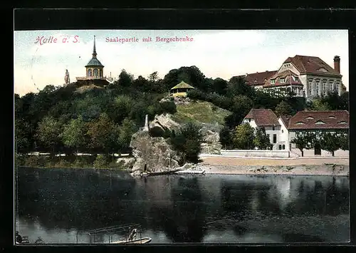 AK Halle a. S., Saalepartie mit Bergschenke