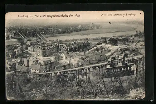 AK Dresden-Loschwitz, Gesamtansicht mit Bergschwebebahn und Hotel-Restaurant Burgberg