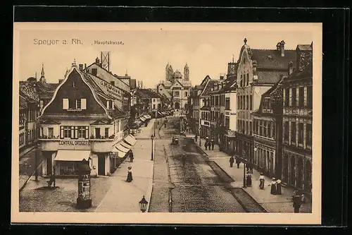 AK Speyer a. Rh., Hauptstrasse mit Central-Drogerie