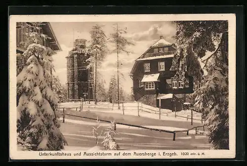 AK Wildenthal / Erzgebirge, Gasthaus und Aussichtsturm auf dem Auersberge im Winter