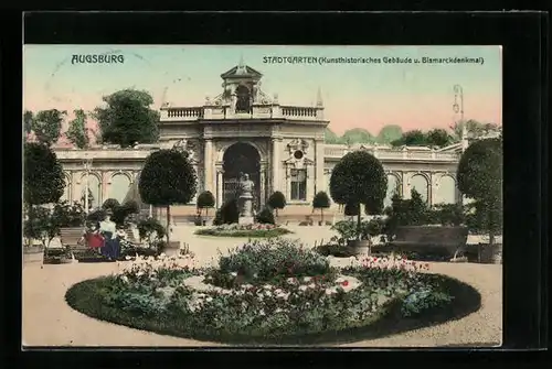 AK Augsburg, Stadtgarten, Gebäude und Bismarckdenkmal