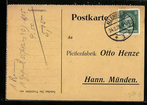 AK Hann. Münden, Mitteilungskarte Pfeifenfabrik Otto Henze