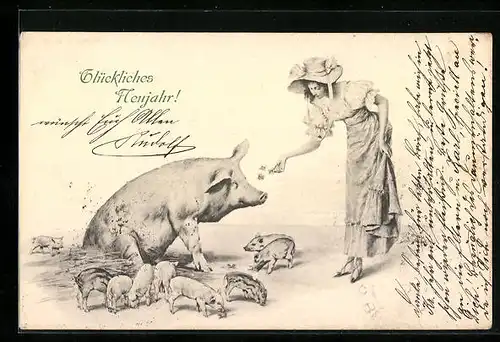 AK Junge Dame füttert Muttersau mit Klee, Neujahrsgruss