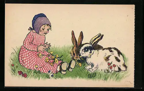 AK Kleines Mädchen mit zwei Kaninchen auf einer Wiese