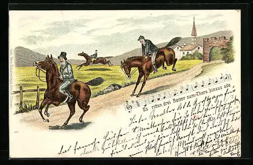 Lithographie Drei Reiter bei wildem Ritt vor einer Stadt