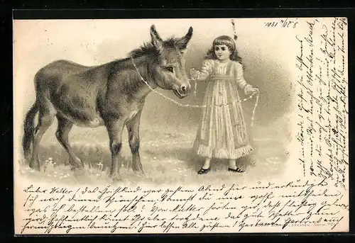 Präge-Lithographie Kleines Mädchen mit einem Esel an einer Leine