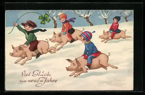 AK Kinder reiten auf Schweinen durch den Schnee, Neujahrsgruss