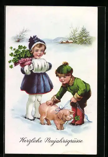 AK Kleines Paar mit Glücksschwein im Schnee, Neujahrsgruss