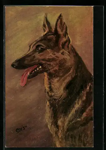 AK Portrait eines Schäferhundes mit hängender Zunge