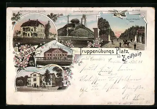 Lithographie Zeithain, Truppenübungsplatz, Kommandantur, Alte Oberförsterei Gerisch, Beobachtungsstand