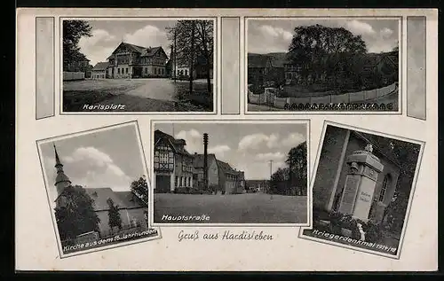 AK Hardisleben, Karlsplatz, Hauptstrasse, Kriegerdenkmal