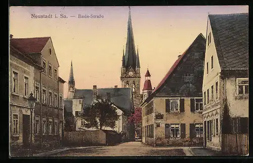AK Neustadt /Sa., Badestrasse mit Kirche