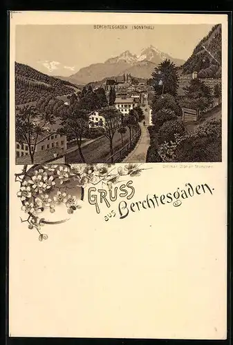 Lithographie Berchtesgaden, Nonnthal, Teilansicht mit Strasse und Bergblick