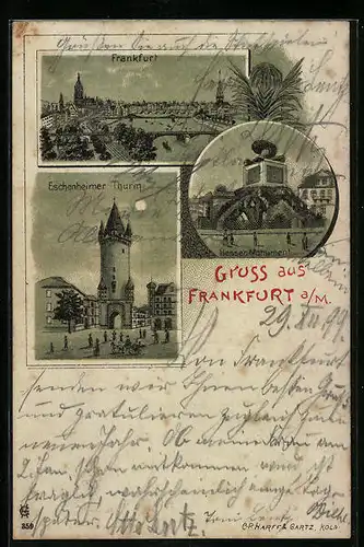 Mondschein-Lithographie Frankfurt a. M., Teilansicht, Hessen-Monument, Eschenheimer Thurm