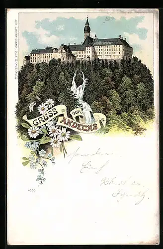 Lithographie Andechs, Kloster mit Wasserfall