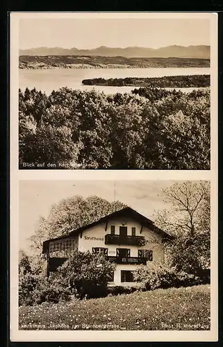 AK Tutzing, Restaurant Forsthaus Ilkahöhe am Starbergersee, Karpfenwinkel aus der Vogelschau