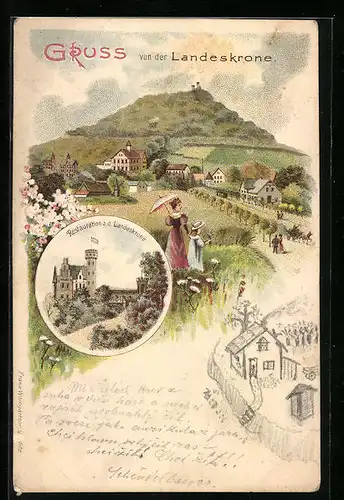 Lithographie Görlitz, Gesamtansicht Landeskrone, Gasthaus auf der Landeskrone