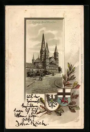 Passepartout-Lithographie Bonn, Strassenpartie mit Münster, Wappen