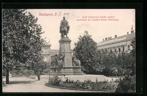 AK Budapest, vor dem Denkmal des Grafen Istvan Szechenyi