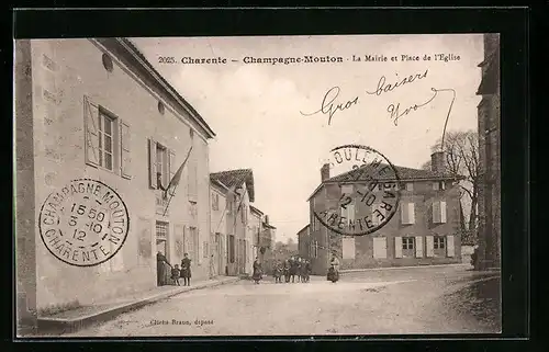 AK Champagne-Mouton, la Mairie et Place de l'Eglise