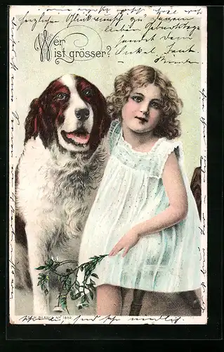 Lithographie Wer ist groössser?, Mädchen mit Bernhardiner