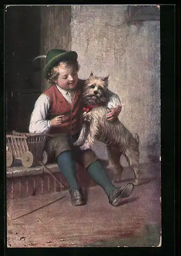 AK Knabe mit Tirolerhut und Terrier