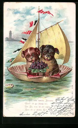 Lithographie Zwei kleine Hunde auf einer Segeljolle
