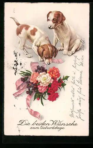 AK Zwei Hundwelpen mit Blumenstrauss