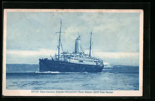 AK R.M.S.P. Ocean Cruising Steamer Arcadian unter Volldampf