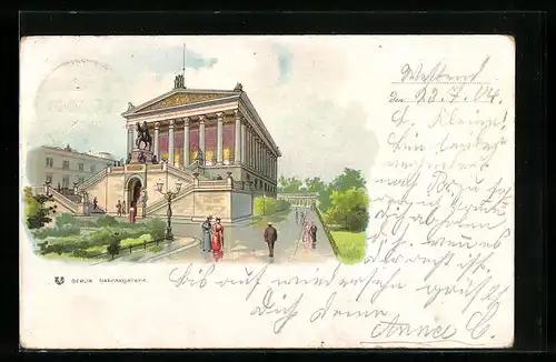 Lithographie Berlin, Nationalgallerie mit Passanten und Strasse