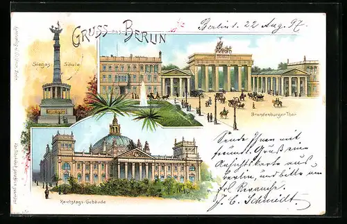 Lithographie Berlin-Tiergarten, Brandenburger Thor, Reichstags-Gebäude