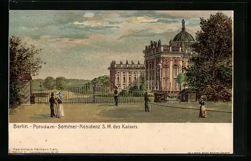 Lithographie Potsdam, Neues Palais mit Eingangstor